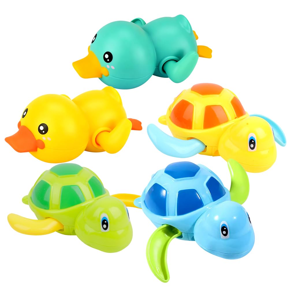 Baby Bath Toys, Wind Up Bath Duck & Turtles Bathtub Wind Up Paddling Pool Toys Set, Shower Bathtime Fun Water Toys Pack of 5
