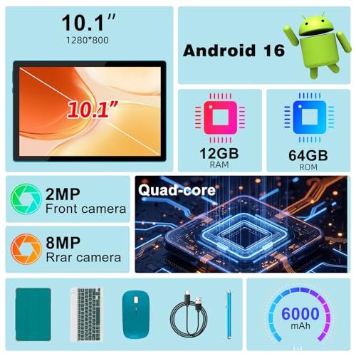 Image of Tablet Android 16 10 Inch 12GB RAM+64GB ROM / 1TB Expandable, 1280 * 800 HD Touch Screen, 5G WiFi6 BT 5.0, 2 in 1 Tab with Keyboard Case Mouse Stylus(Navy Blue)