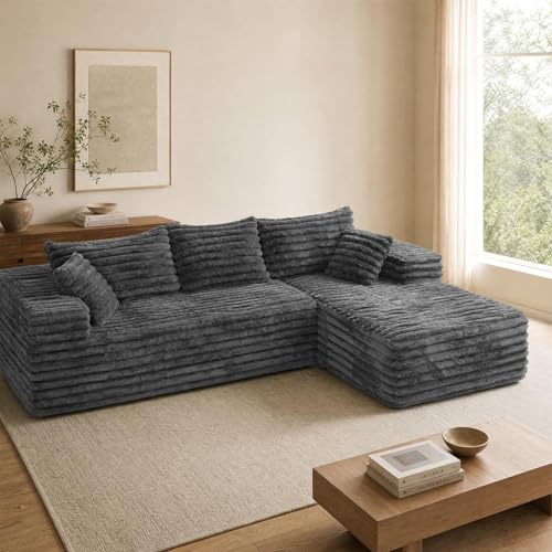 Image of Cloud Sectional Couch with L-Shape Chaise,Modern Modular Sofa with Deep Seat, Upholstered Couches with Right Facing Chaise for Living Room Bedroom, No Assembly Required, Grey (Plush Corduroy Fabric) | 102.4 inch Modular Sectional Sofa, Cloud Couch Sectional with Deep Seat, No Assembly, Grey, Right Chaise