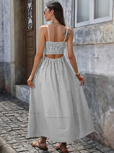 Image of Caracilia Womens Maxi Dresses Gingham Spaghetti Strap Back Smocked Flowy Long Sundress Summer Beach Vacation Clothes 2026