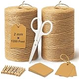 5 Pack Natural Twine String Suit: Jute Twine for Crafts Gardening Gift Wrapping Home Decor Knitting - 2mm 1200 Feet Jute Rope Twisted from 3 Ply - Suitable for Handicraft and Gardening Enthusiasts