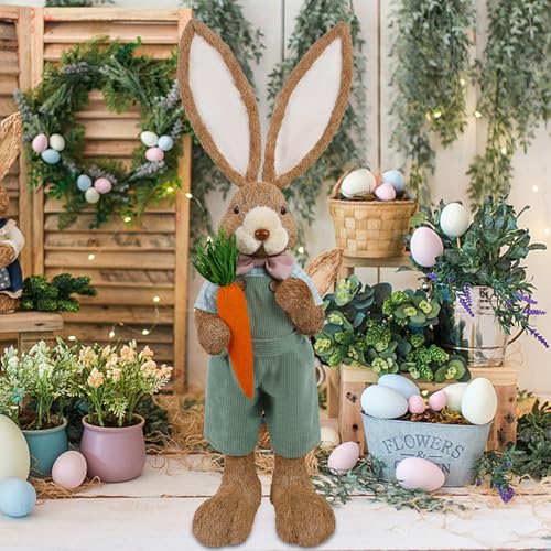 DRDUDU Easter Bunny Decor 27 FT Large Bunnies Statue Outdoor Porch Decorations with Carrot Sisal Tall Bunny Topiary Easter Standing Straw Rabbit for Indoor Garden Farmhouse Front Door Spring