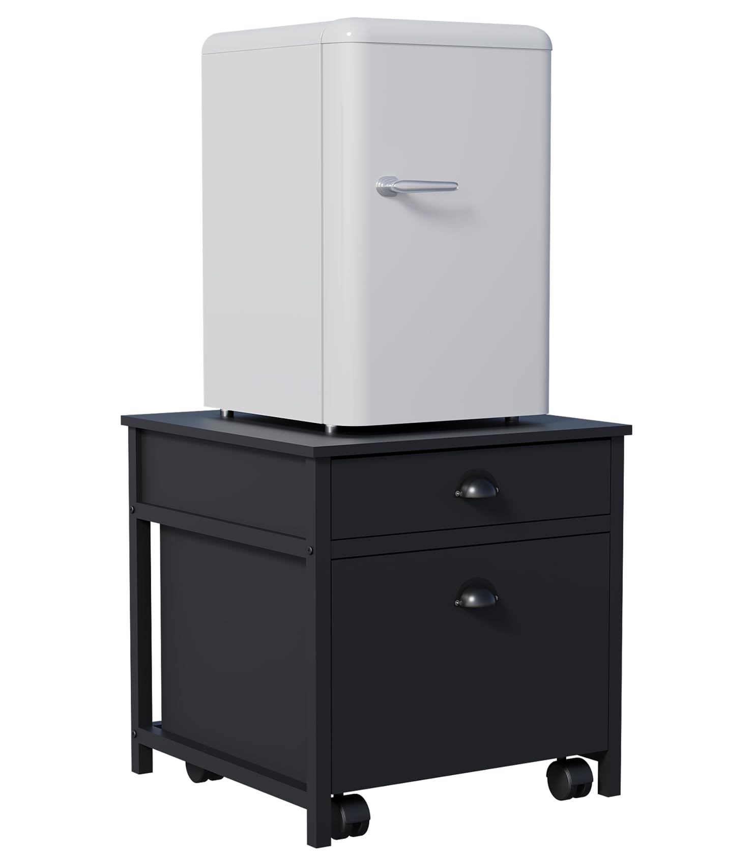 Mini mesa de refrigerador con cajones y gabinete movible, mini soporte para nevera con almacenamiento, mesa resistente de 220 libras de capacidad para dormitorio, apartamento, oficina,