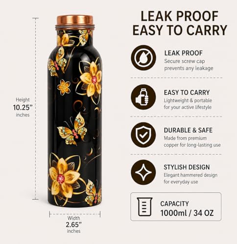 Image of Pure Copper Water Bottle - Handcrafted - Ayurveda health benefits - Large 1000 ml - Leak proof - Easy to carry for Sports, Fitness, Yoga, School - Black Base Floral Textured Colorful Enamel