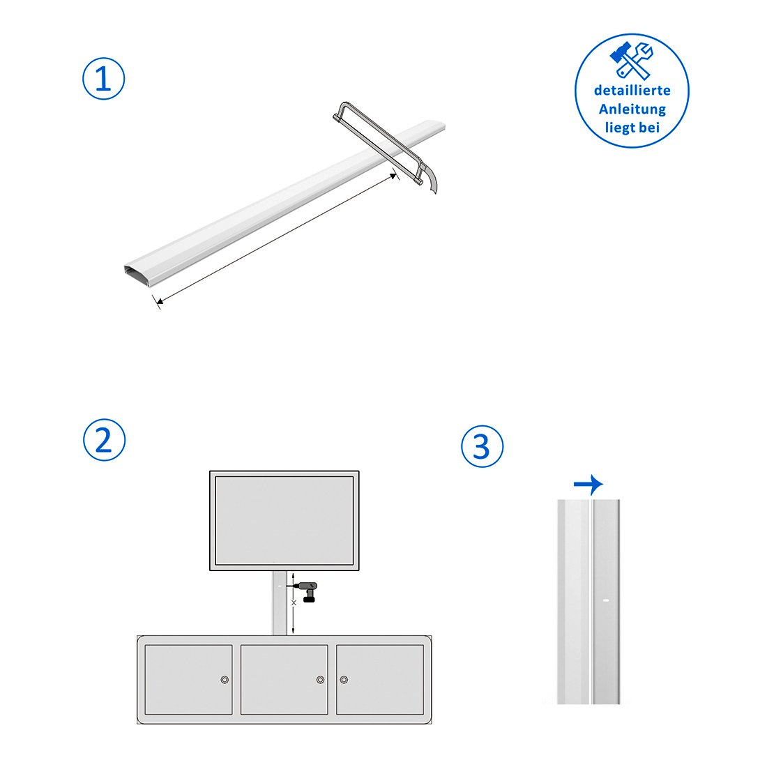 deleyCON Canaleta Universal para Colocar Cables y Líneas PVC de Primera Longitud de 100cm Ancho de 6cm Altura de 2cm - Blanco