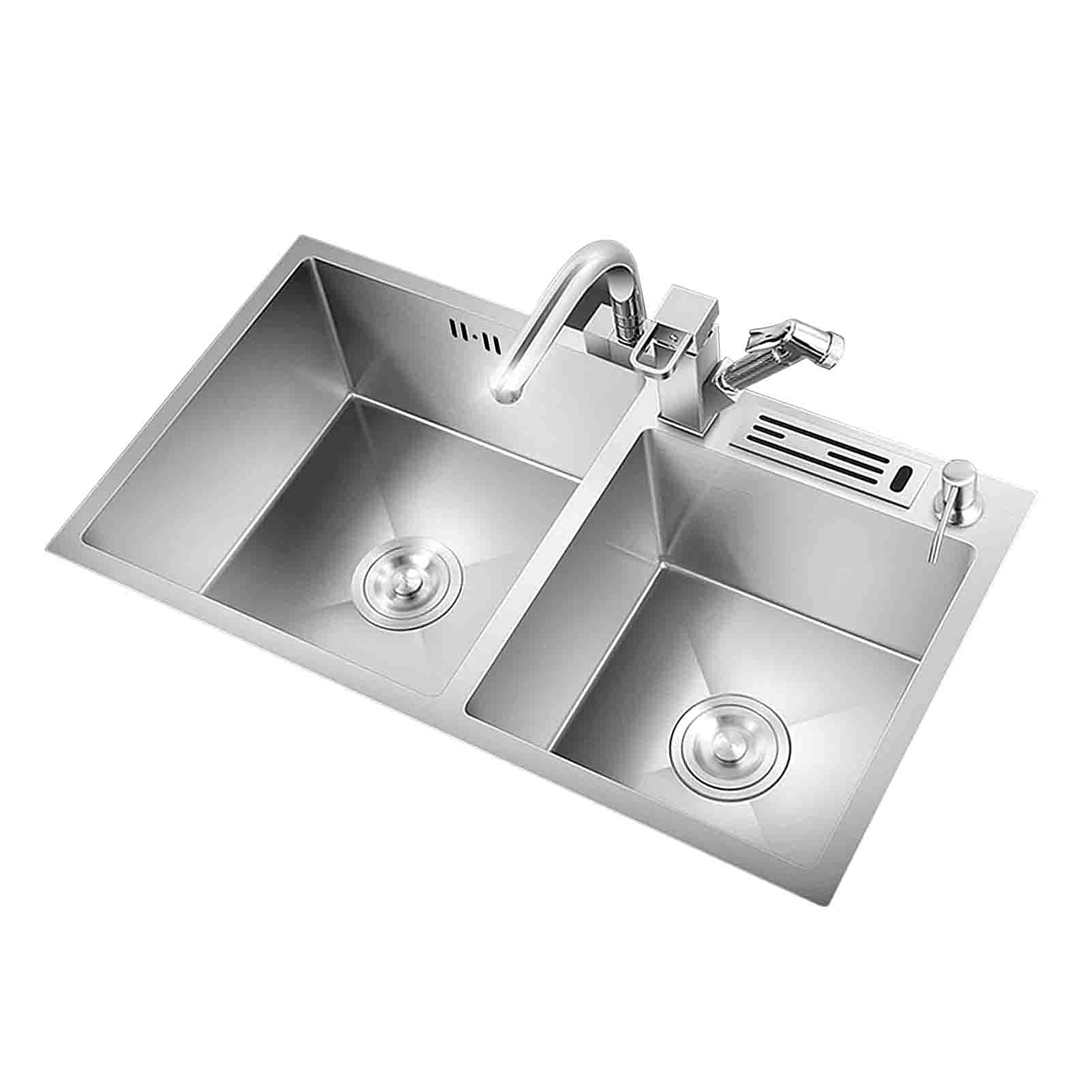 Évier de cuisine inox double bac 72x40cm avec mitigeur extractible moderne