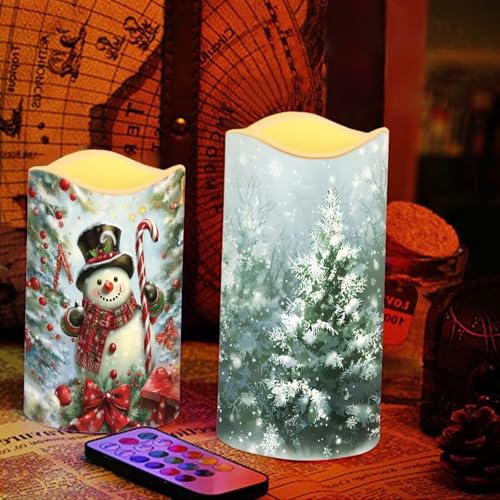 Image of Cute Snowman Owl Flickering Flameless Candles with Remote LED Pillar Candles Battery Operated with Timer Color Changing Electric Candles for Table Christmas Decorations
