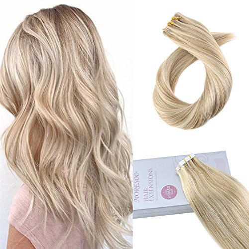 Moresoo 20 Inch Two-tone Colored Tape in Hair Bleach Blonde(Color 613) Highlighted with Honey Blonde 100 Remy Human Hair Seamless Hair Extensions Glue on Hair Extensions 50g/20pcs