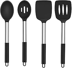 TeamFar Kitchen Utensils, 4 PCS Silicone Cooking Utensils Spatula Spoon Set with Stainless Steel Handle, for Frying Mixing Draining Turning, Healthy & Heat-proof, Non-stick & Dishwasher Safe - Black