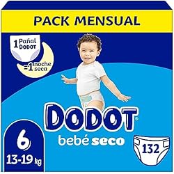 Pañales Para Bebé De 7 Meses Dodot Pañales Bebé-Seco Talla 6 (+13 kg), 132 Pañales con Protección Antifugas, Pack Mensual