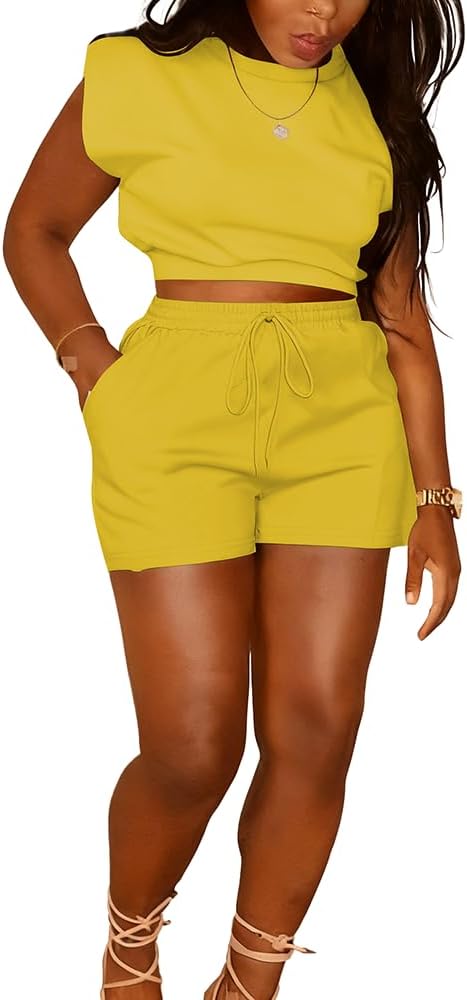 Ulovmi Women 2 Piece Outfits Short Summer Lounge Sets Sweatsuits with Cap Sleeve Drawstring