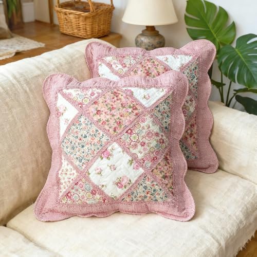 QIFONIX Vintage Patchwork Decorative Throw Pillow Cover, Floral Quilted Design with Pink Gingham Pattern, Scalloped Edge (Pink,20" x 20" (Pack of 2))