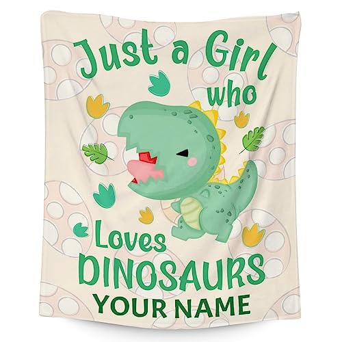 Personalized Dinosaur Blanket Gifts with Name - 50"x60" Cute Throw for Girls - Green Soft Fuzzy Blankets for Bed, Couch & Living Room