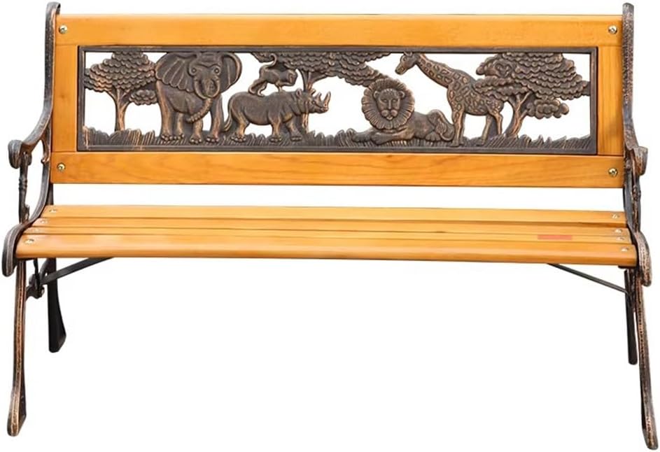 Rygcrud Kids Double Seater Garden Patio Benches with Animal Backrest, Wooden & Cast Iron Mini Sized Park Outdoor Bench, Villa Courtyard Decoration