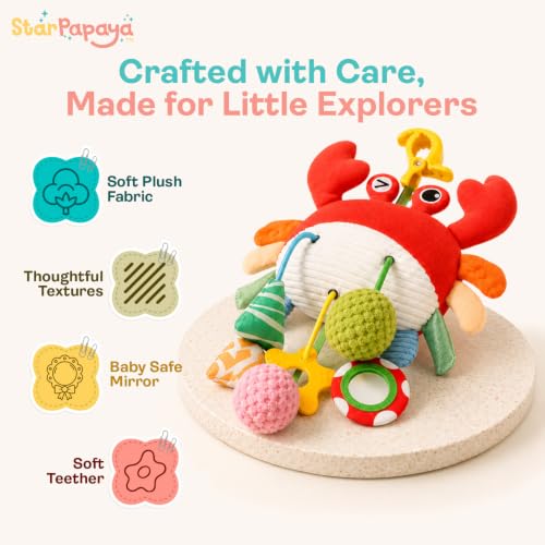 Image of Crab Plush Stroller Toy for Babies 0-12 Months | Colorful Hanging Sensory Rattle Toy with C-Clip for Crib | Washable Interactive Tummy Time Soft Toy | Pram & Car Seat Toy for Toddlers