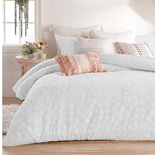 White King Size Duvet Cover Set , Tufted Jacquard Boho Aesthetic Textured Floral Flower , 3Pc 104X90 Microfiber Comforter Quilt Bedding Cover With Zip Ties - Modern Farmhouse For Men And Women Girl #TOP5