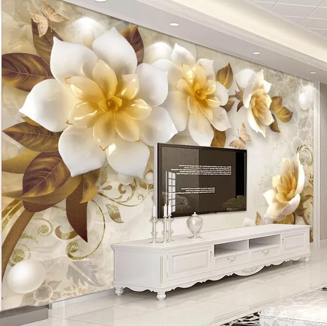 Papier peint photo 3D fleurs dorées salon TV canapé peinture murale 300x210cm