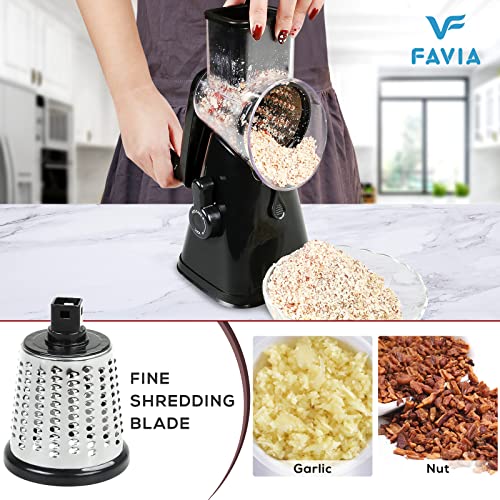 Favia Rotary Cheese Grater With Handle - Vegetable Shredder With 3 Stainless Steel Drum Blades, Round Mandoline Slicer Nuts Grinder, Bpa Free Dishwasher Safe (Black) #TOP6