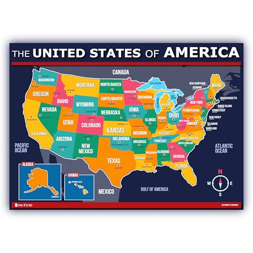 Póster grande de mapa de Estados Unidos para niños (18 x 24) laminado de 50 estados y capitales Young N Refined