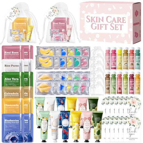 84 Piezas Set Regalo Mujer Skincare, Set Cuidado Facial Mujer, Incluye Mascarillas Faciales/Eye Patches/Mascarilla Labios/Labial Hidratante/Hand Cream/bolsitas de tela pequeñas/tarjetas regalo