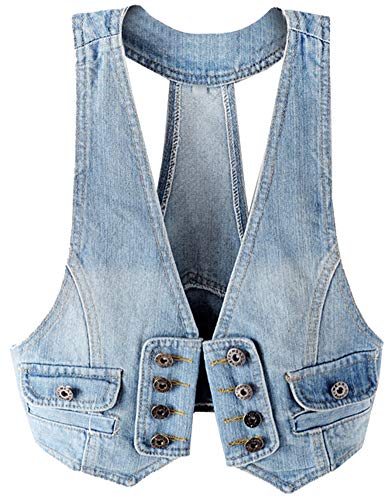 Kedera Women Casual Sleeveless Denim Jean Cropped Vest Jacket (Light Blue, Medium)