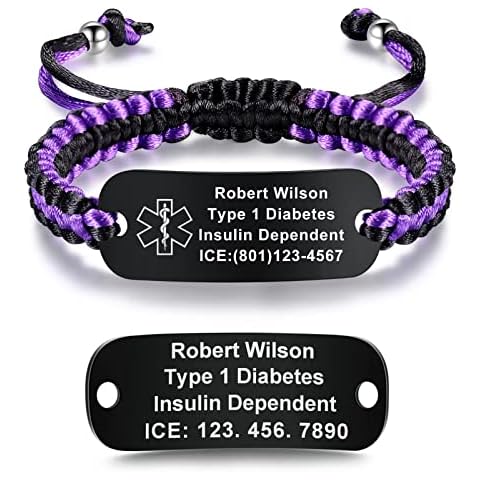 Bellfy, Purple Medical Alert Bracelets Medical Bracelets with Cotton Rope Free Engraved Medical ID Bracelets with Stainless Steel Black Medical Alert ID Tag, Dark Purple Cotton Rope, 6.5 8.5in Cover