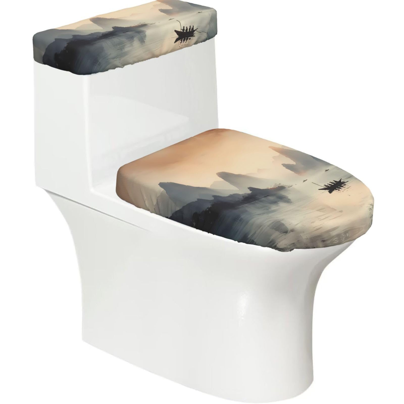 Guilin Landscapes 2-Piece Toilet Seat Cover Set with Tank Lid - Elastic for U-Shape & Elongated - Bathroom Decor