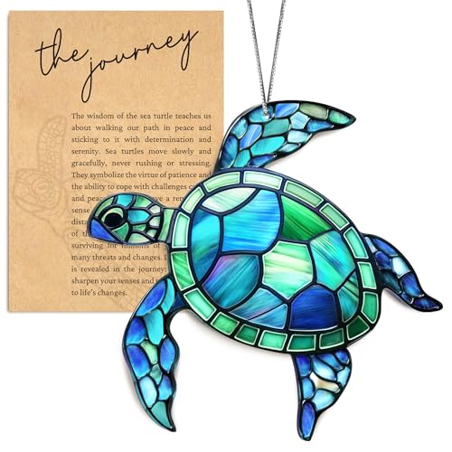 Sea Turtle Acrylic Suncatcher Ornament with Story Card, Sea Turtle Gifts for Women, Beach Gifts for Women, Beach Christmas Ornaments for Tree, White Elephant Presents for Friendship (Blue Sea)