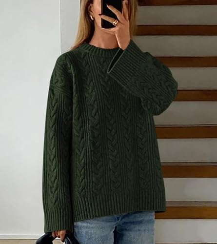 Okiwam Women's Oversized Sweaters Crewneck Cable Knit Pullover Casual Loose Fall Outfits Spring Fashion Clothes 2026-M Army Green — view 5