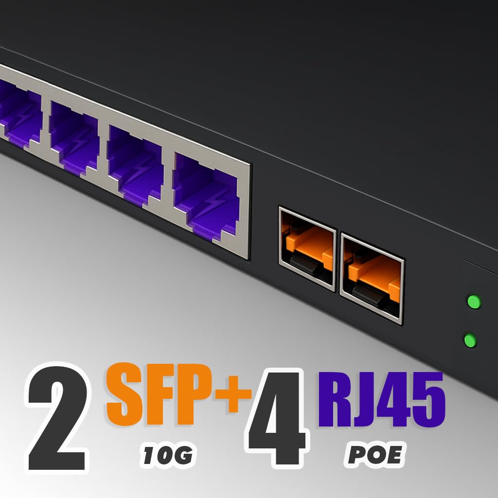 Elfcam® - 10Gbps Fibre Optic Switch Compatible with Cisco, with 2 x 10G SFP+ Puertos y 4 x 2.5 Gigabit Ethernet RJ45 PoE Ports, Plug & Play Unmanaged (2 x 10Gb SFP+ Puertos y 4 x 2.5G RJ45 PoE)