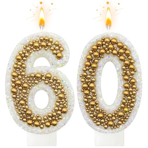 NHJINX 60 Birthday Number Candle for Cake Glitter Number Candle with Gold Beads Decorative Cake Topper for Milestone Celebrations