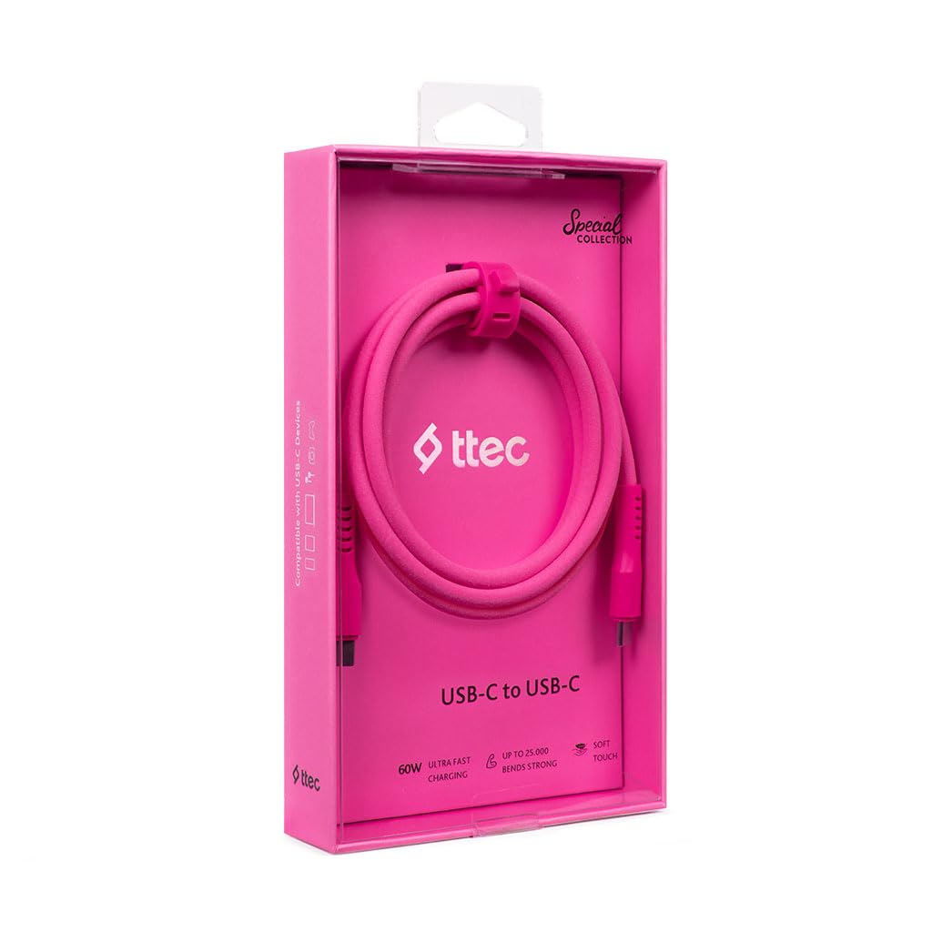 ttec USB-C - USB-C 120cm 60W PD/QC Hızlı Şarj/Data Kablosu Neon 2DK59N (Neon Pembe)