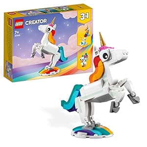 LEGO 31140 Creator 3in1 Magisches Einhorn Spielzeug, Seepferdchen, Pfau, Regenbogen-Einhorn-Tierfiguren, Geschenk zu Weihnachten für Mädchen und Jungen, baubares Spielzeug