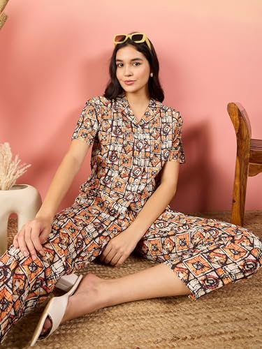 Image of Modeve Women Shirt Pant Navy Abstract Print Co-Ord Set