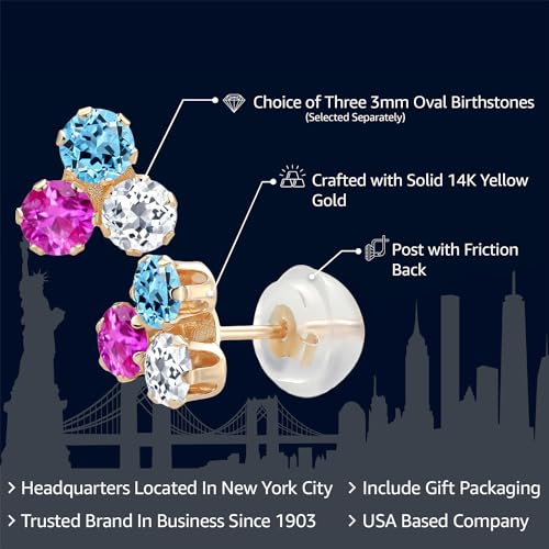 Gem Stone King 14K Yellow Gold Customized and Personalized 3MM Round Gemstone Birthstone Trio 3 Stone Stud Earrings For Women | Fine Jewelry Gifts for Her Mom Women Wife2