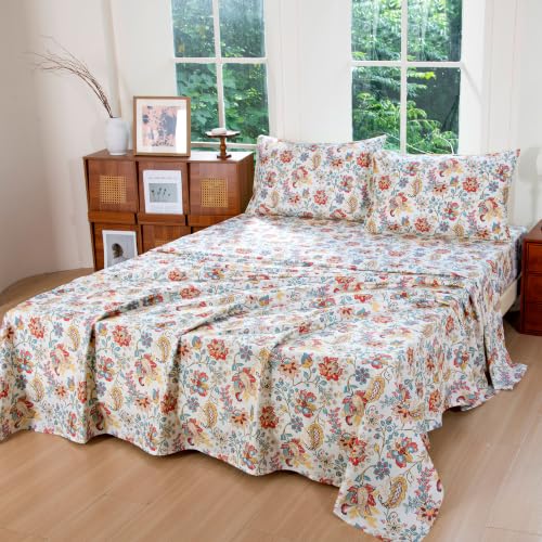 Image of FADFAY Queen Ivory 100% Egyptian Cotton Paisley Sheets Set 4 Piece, Vintage Botanical Cottagecore Bedding, Soft Breathable Boho Floral Farmhouse Bedding with Deep Pocket Fitted Sheet for All Seasons