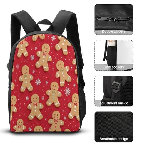 Unisex Fashion 3 Pcs Set, Large Capacity Christmas Red Polka Dots Snowflakes Gingerbread Cookies Backpack, Pencil Pouch Easy to Clean, Lunch Bag for Work3