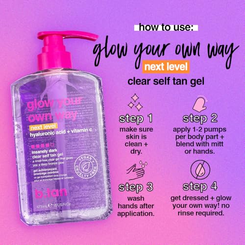 Image of b.tan Insanely Dark Clear Self Tanner Gel | Glow Your Own Way Next Level - Best, Transfer-Resistant Sunless Tanning Lotion, Ultra Quick Bronze, No Fake Tan Smell, 16 Fl Oz