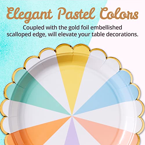 Image of Confettiville Party Paper Plates, 50-Pack, Disposable Paper Plates, Gold Foil Scalloped Edge, Striped Pastel, 9-Inch