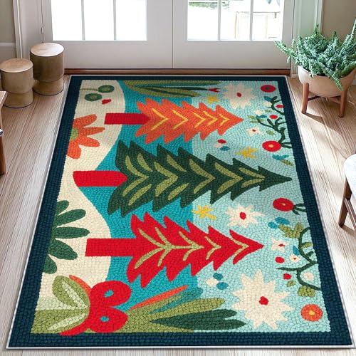 Pine Trees Area Rug, Seasonal Nature-Inspired Flowers Leaves Fall Green
