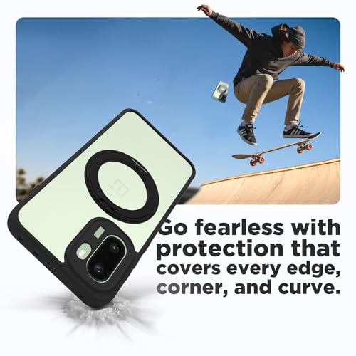 Image of RIGGEAR Shockproof Sleek Hybrid Armor 360 Rotating Magnetic Ring Stand Back Cover Case Compatible with MagSafe Accessories for OnePlus 15R 5G (Clear PC + Black TPU Bumper)
