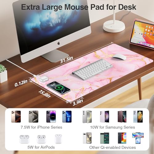 Image of Pink Marble Mouse Pad with 15W Wireless Charging, with 20W Adapter