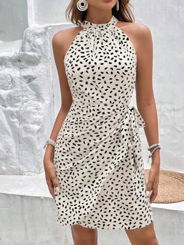 Image of LIGHT DOT Women's Summer Dress Dot Print Halter Neck Tie Waist Casual Zipper Back Sundress Vacation Outfits