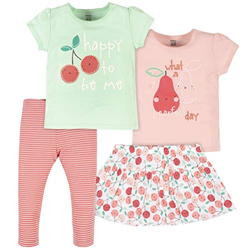 Gerber Baby Girls' 4-Piece Skirted Panty, Shirts, and Active Pant Set, Pink Cherries Pear, 2T