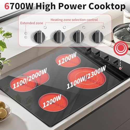 Image of Noxton 4 Burner Electric Cooktop 30 Inch, Knob Control Ceramic Cooktop, 30 inch Radiant Electric Stove Top with Extended Zone, Hot Surface Indicator,9 Power Levels, 32Amps 220-240v Hard Wire(No Plug)