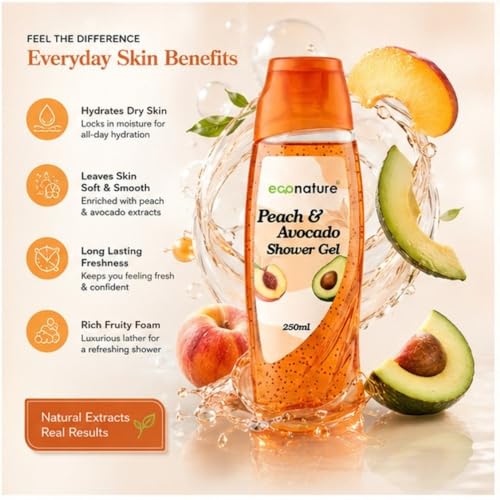 Image of Econature Shower Gel & Body Wash for Men & Women | Peach & Avocado, Mimosa & Neroli Blossom, Blackcurrant & Bearberry Variants | Refreshing & Moisturizing Bath Gel | All Skin Types (Peach & Avocado shower gel)