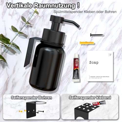 TEHEO Seifenspender Wandbefestigung Schwarz 250ml, Wandseifenspender Kleben oder Bohren, Seifenspender Bad Soap Dispenser, Spülmittelspender, Shampoo Spender für Dusche [2 Stück] 2