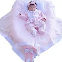 Duda Estrela - Saída de Maternidade Para Bebê Menina - 4 Peças - Rosa - 47cm - Manga Longa - Classico - 100% Algodão