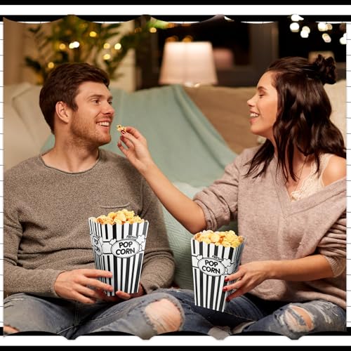 Image of Xinnun 100 Pcs Popcorn Boxes 32oz Classic Stripe Paper Buckets Disposable Oil Proof Popcorn Container Retro Open Top Box for Movie Night Supplies Theaters Carnival Birthday Party(Black and White)