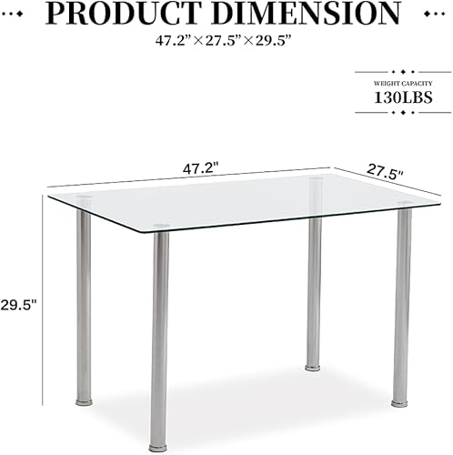 Miniatura 3 de Mesa de comedor rectangular de vidrio transparente de 47.2 pulgadas, mesa de cocina moderna con mesa de vidrio templado y marco de acero de metal